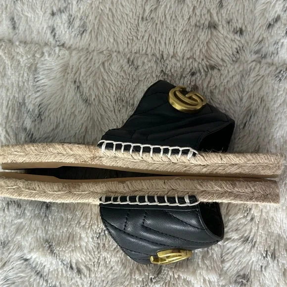 Black Leather Slides with Gold Logo - Picture 6 of 8